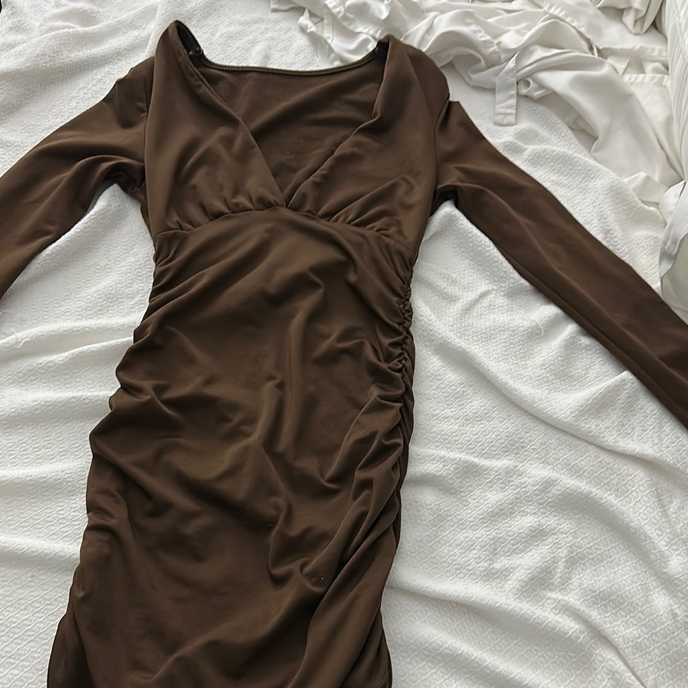 Brown Long Sleeve Midi Dress